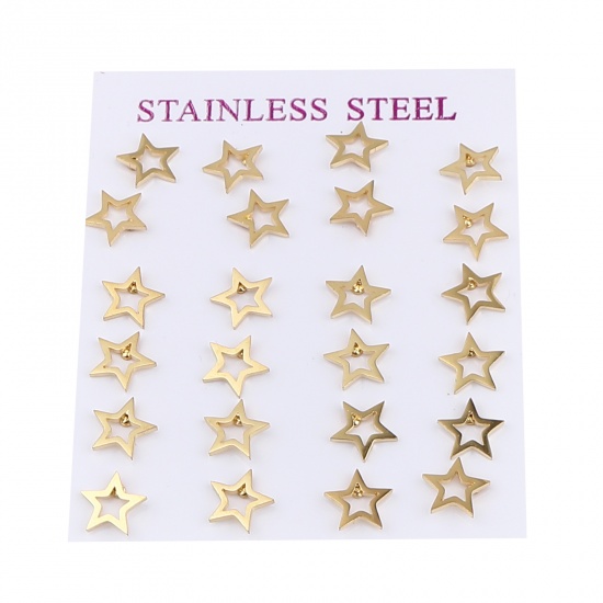 Picture of Stainless Steel Galaxy Ear Post Stud Earrings Set Gold Plated Star 9mm x 8mm, Post/ Wire Size: (20 gauge), 1 Set ( 12 Pairs/Set)