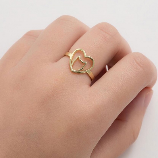 Picture of Stainless Steel Adjustable Rings Gold Plated Heart Cat 1 Piece