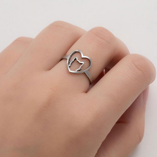 Picture of Stainless Steel Adjustable Rings Silver Tone Heart Cat 1 Piece