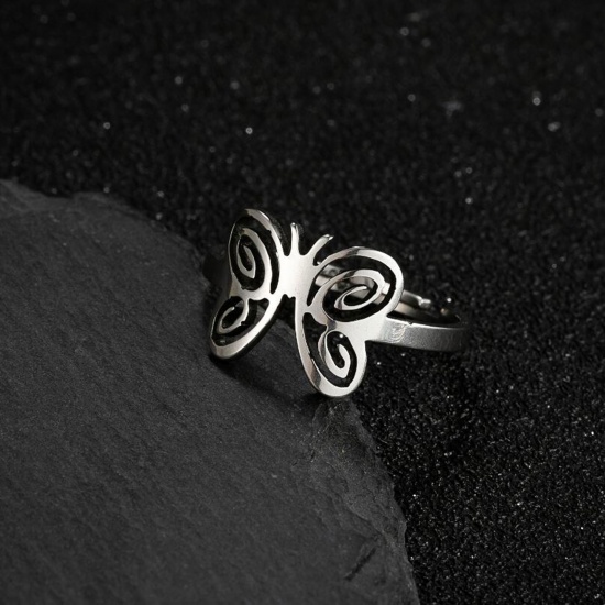 Picture of Stainless Steel Insect Adjustable Rings Silver Tone Butterfly Animal 1 Piece