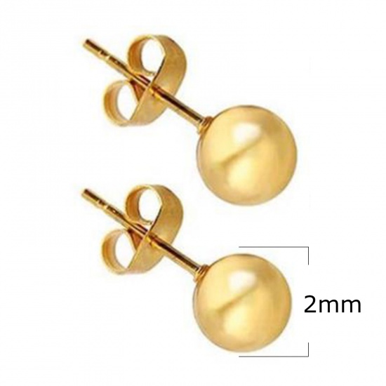 Picture of Stainless Steel Ear Post Stud Earrings Gold Plated Ball 2mm Dia., 1 Pair