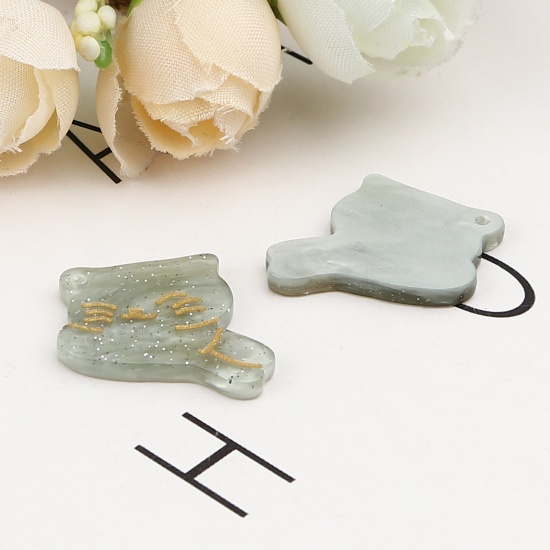Picture of Resin Charms Cat Animal Sage Green Transparent 21mm x 21mm, 10 PCs