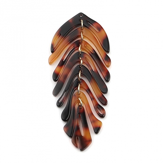 Picture of Acetic Acid Resin Acetimar Marble Pendants Leaf Gold Plated Brown & Black 70mm x 30mm, 2 PCs