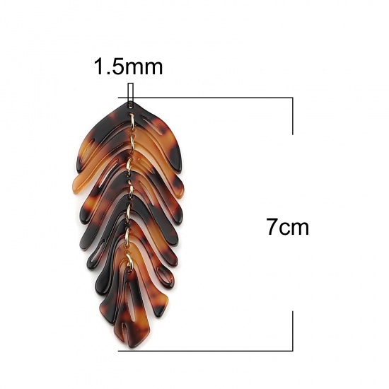 Picture of Acetic Acid Resin Acetimar Marble Pendants Leaf Gold Plated Brown & Black 70mm x 30mm, 2 PCs