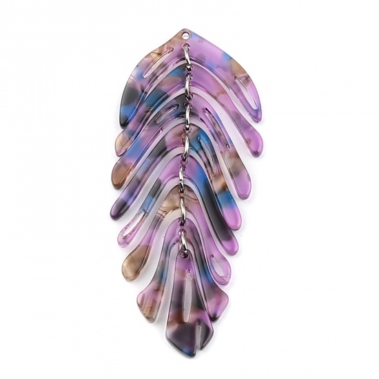 Picture of Acetic Acid Resin Acetimar Marble Pendants Leaf Silver Tone Purple & Blue 70mm x 30mm, 2 PCs