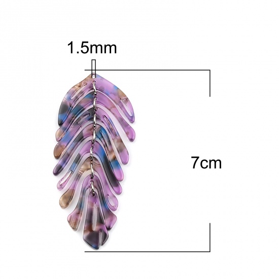 Picture of Acetic Acid Resin Acetimar Marble Pendants Leaf Silver Tone Purple & Blue 70mm x 30mm, 2 PCs