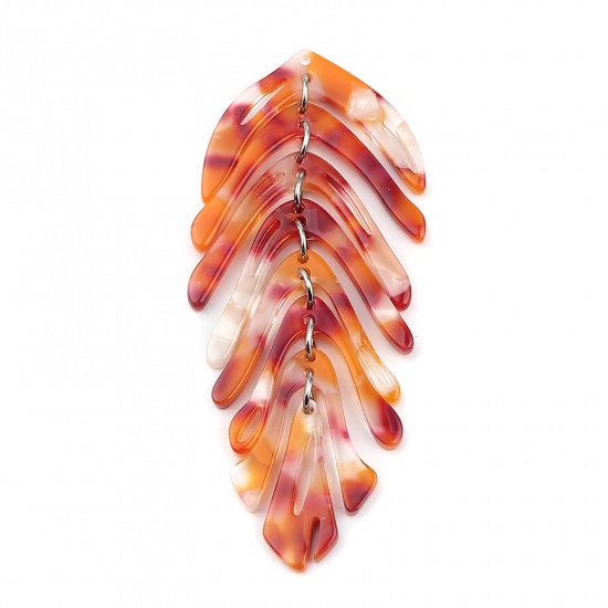 Picture of Acetic Acid Resin Acetimar Marble Pendants Leaf Silver Tone Orange & Red 70mm x 30mm, 2 PCs