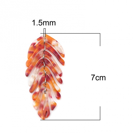 Picture of Acetic Acid Resin Acetimar Marble Pendants Leaf Silver Tone Orange & Red 70mm x 30mm, 2 PCs