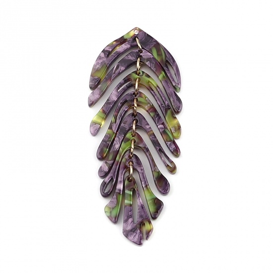 Picture of Acetic Acid Resin Acetimar Marble Pendants Leaf Gold Plated Purple & Green 70mm x 30mm, 2 PCs