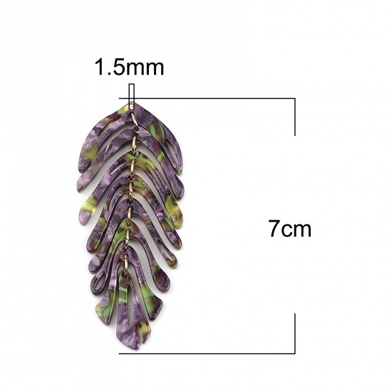 Picture of Acetic Acid Resin Acetimar Marble Pendants Leaf Gold Plated Purple & Green 70mm x 30mm, 2 PCs