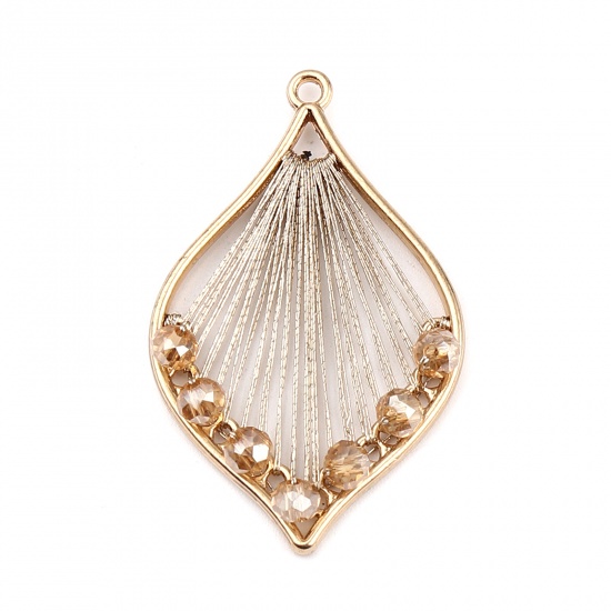 Picture of Iron Based Alloy & Glass Thread Wrapped Pendants Leaf Gold Plated Champagne 42mm x 26mm, 3 PCs