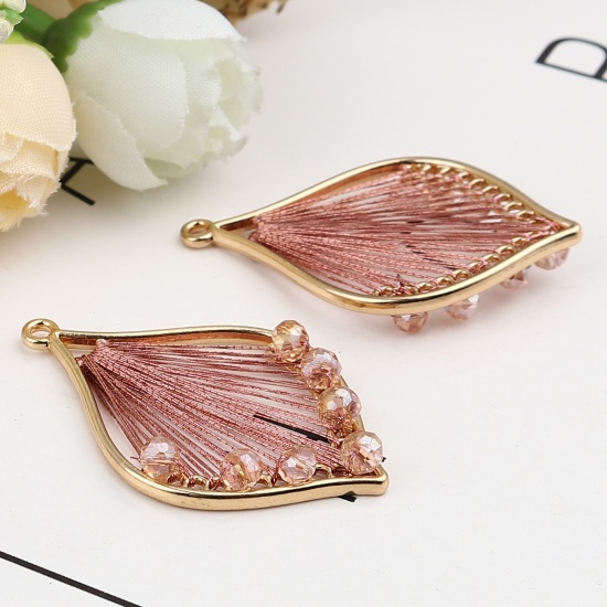 Picture of Iron Based Alloy & Glass Thread Wrapped Pendants Leaf Gold Plated Hot Pink 42mm x 26mm, 3 PCs