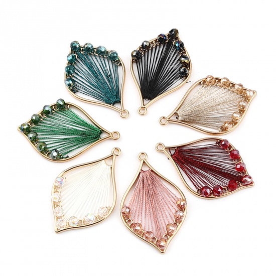 Picture of Iron Based Alloy & Glass Thread Wrapped Pendants Leaf Gold Plated Hot Pink 42mm x 26mm, 3 PCs