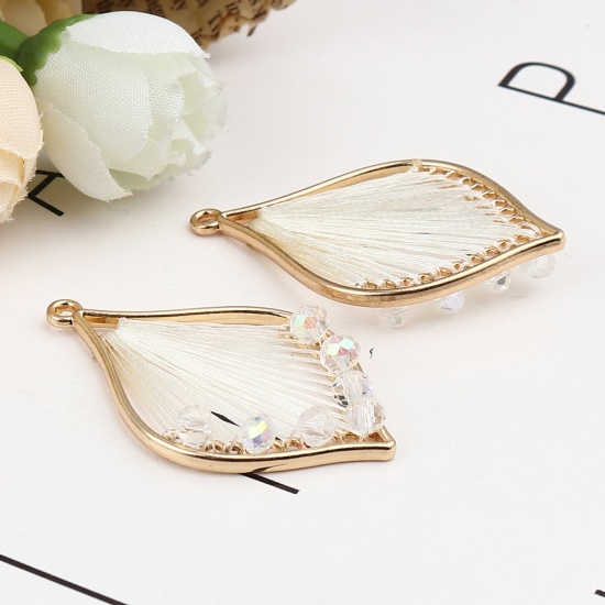 Picture of Iron Based Alloy & Glass Thread Wrapped Pendants Leaf Gold Plated Creamy-White 42mm x 26mm, 3 PCs