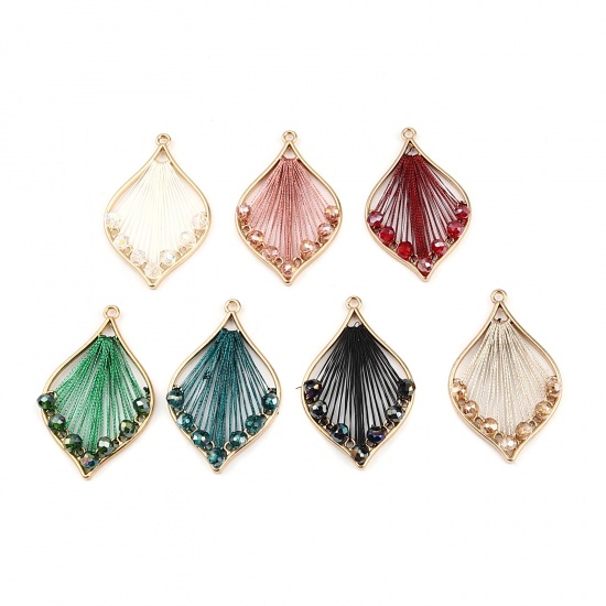 Picture of Iron Based Alloy & Glass Thread Wrapped Pendants Leaf Gold Plated Creamy-White 42mm x 26mm, 3 PCs