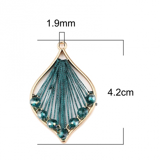 Picture of Iron Based Alloy & Glass Thread Wrapped Pendants Leaf Gold Plated Peacock Green 42mm x 26mm, 3 PCs