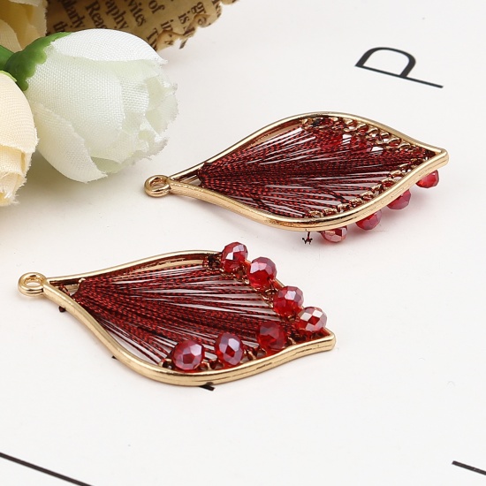 Picture of Iron Based Alloy & Glass Thread Wrapped Pendants Leaf Gold Plated Wine Red 42mm x 26mm, 3 PCs