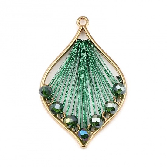 Picture of Iron Based Alloy & Glass Thread Wrapped Pendants Leaf Gold Plated Green 42mm x 26mm, 3 PCs