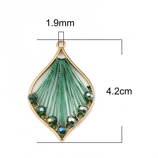 Picture of Iron Based Alloy & Glass Thread Wrapped Pendants Leaf Gold Plated Green 42mm x 26mm, 3 PCs