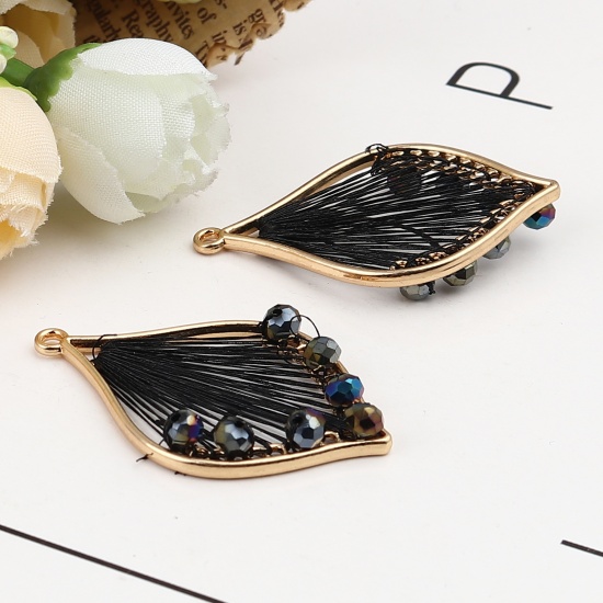 Picture of Iron Based Alloy & Glass Thread Wrapped Pendants Leaf Gold Plated Black 42mm x 26mm, 3 PCs