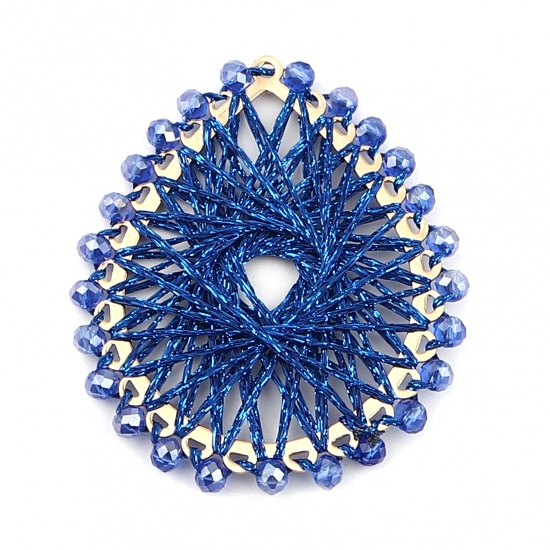 Picture of Iron Based Alloy & Glass Thread Wrapped Pendants Drop Gold Plated Blue 55mm x 47mm, 2 PCs