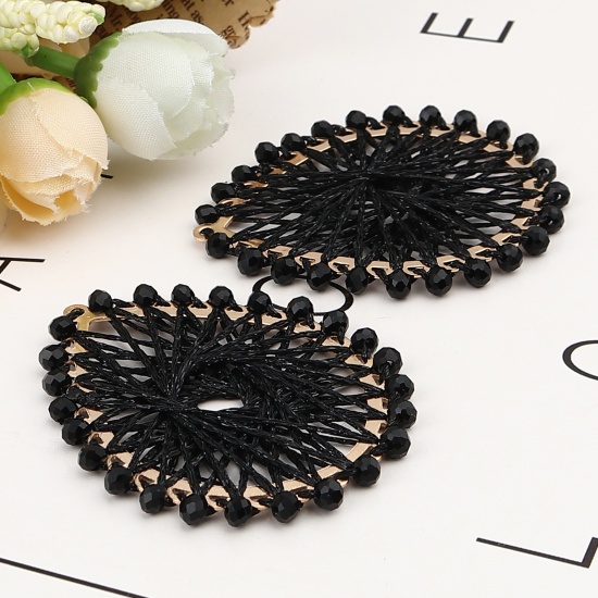 Picture of Iron Based Alloy & Glass Thread Wrapped Pendants Drop Gold Plated Black 55mm x 47mm, 2 PCs