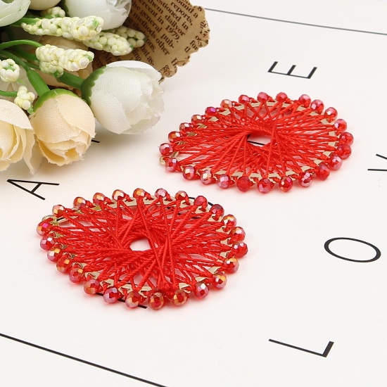 Picture of Iron Based Alloy & Glass Thread Wrapped Pendants Drop Gold Plated Red 55mm x 47mm, 2 PCs