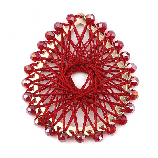 Picture of Iron Based Alloy & Glass Thread Wrapped Pendants Drop Gold Plated Dark Red 55mm x 47mm, 2 PCs