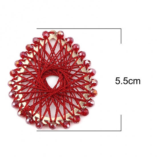 Picture of Iron Based Alloy & Glass Thread Wrapped Pendants Drop Gold Plated Dark Red 55mm x 47mm, 2 PCs