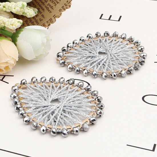 Picture of Iron Based Alloy & Glass Thread Wrapped Pendants Drop Gold Plated Silver-gray 55mm x 47mm, 2 PCs