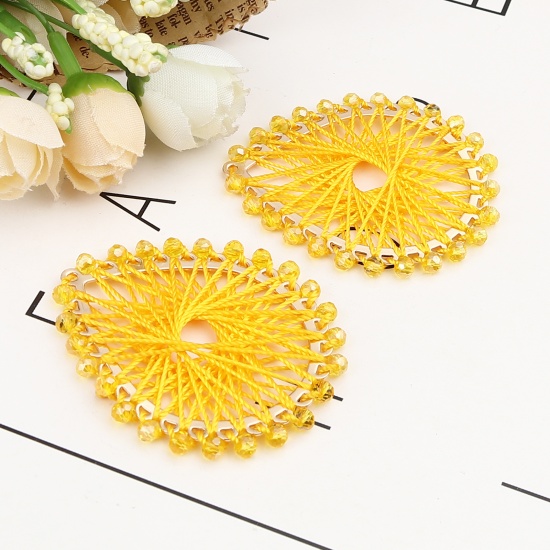 Picture of Iron Based Alloy & Glass Thread Wrapped Pendants Drop Gold Plated Orange 55mm x 47mm, 2 PCs