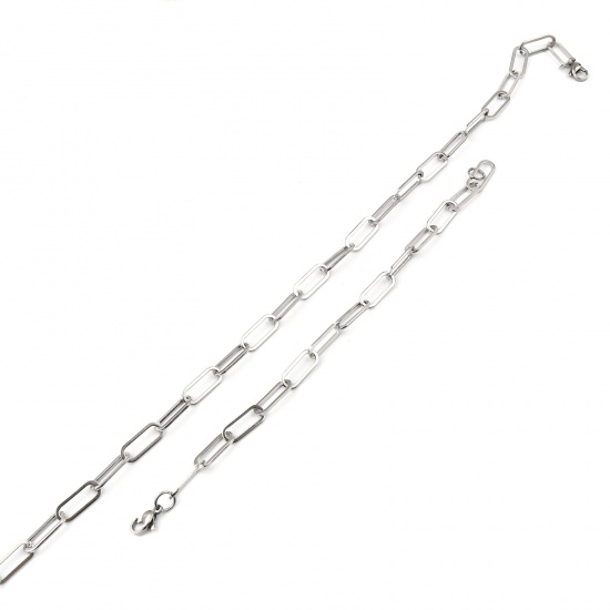 Bild von Edelstahl Schmuck Set Halskette Armband Silberfarbe Oval 45cm lang, 19.6cm lang, 1 Set ( 2 Stück/Set)