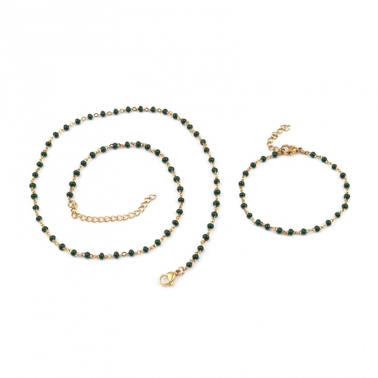 Picture of 304 Stainless Steel Jewelry Necklace Bracelets Set Gold Plated Dark Green Enamel 45cm(17 6/8") long, 17cm(6 6/8") long, 1 Set ( 2 PCs/Set)