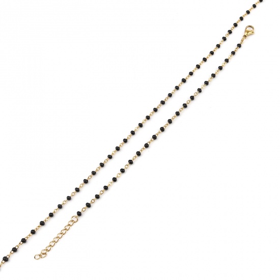 Picture of 304 Stainless Steel Jewelry Necklace Bracelets Set Gold Plated Black Enamel 45cm(17 6/8") long, 17cm(6 6/8") long, 1 Set ( 2 PCs/Set)