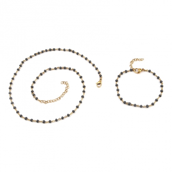 Picture of 304 Stainless Steel Jewelry Necklace Bracelets Set Gold Plated Gray Enamel 45cm(17 6/8") long, 17cm(6 6/8") long, 1 Set ( 2 PCs/Set)