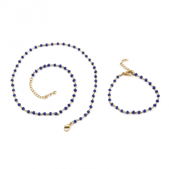 Picture of 304 Stainless Steel Jewelry Necklace Bracelets Set Gold Plated Royal Blue Enamel 45cm(17 6/8") long, 17cm(6 6/8") long, 1 Set ( 2 PCs/Set)