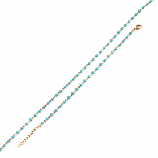 Picture of 304 Stainless Steel Jewelry Necklace Bracelets Set Gold Plated Blue Enamel 45cm(17 6/8") long, 17cm(6 6/8") long, 1 Set ( 2 PCs/Set)