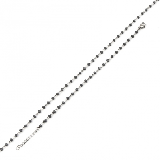 Picture of 304 Stainless Steel Jewelry Necklace Bracelets Set Silver Tone Gray Enamel 45cm(17 6/8") long, 17cm(6 6/8") long, 1 Set ( 2 PCs/Set)