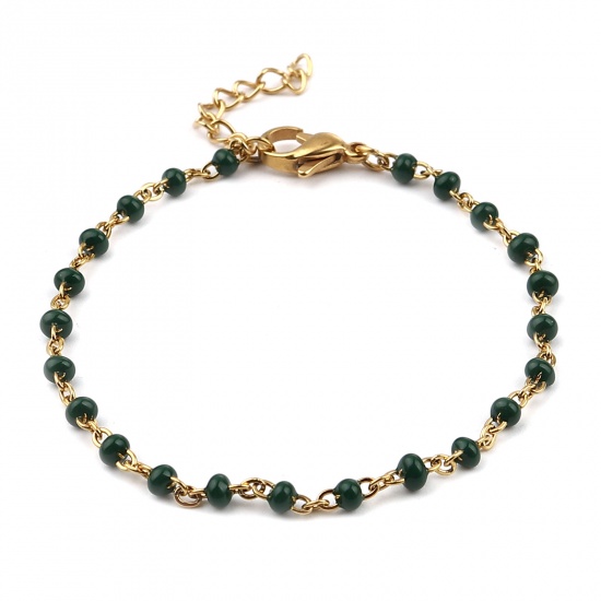 Picture of 304 Stainless Steel Stylish Bracelets Gold Plated Dark Green Enamel 17cm(6 6/8") long, 1 Piece