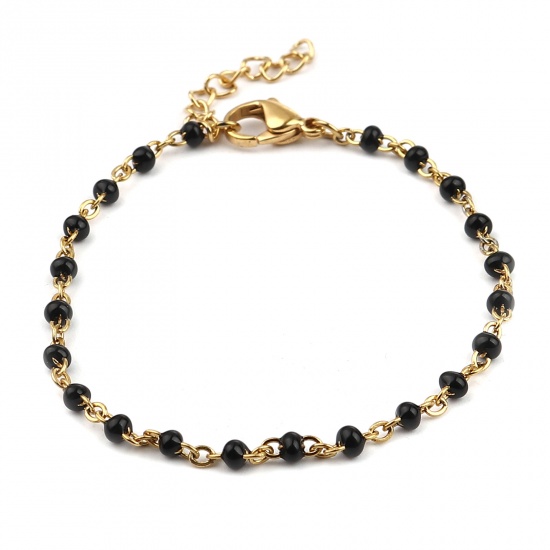 Picture of 304 Stainless Steel Stylish Bracelets Gold Plated Black Enamel 17cm(6 6/8") long, 1 Piece