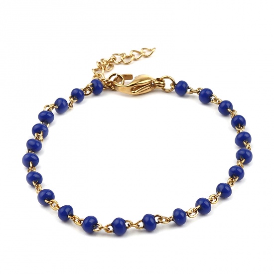 Picture of 304 Stainless Steel Stylish Bracelets Gold Plated Royal Blue Enamel 17cm(6 6/8") long, 1 Piece