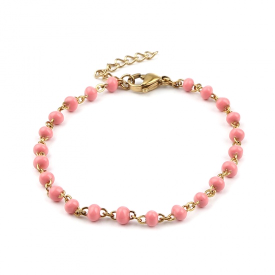 Picture of 304 Stainless Steel Stylish Bracelets Gold Plated Peach Pink Enamel 17cm(6 6/8") long, 1 Piece