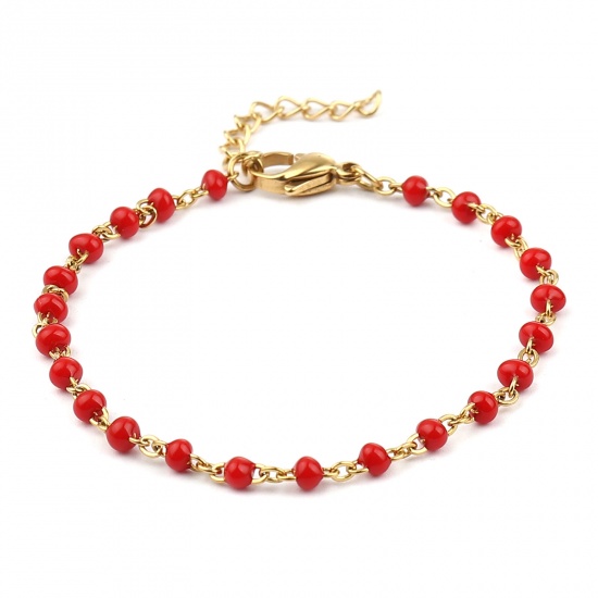 Picture of 304 Stainless Steel Stylish Bracelets Gold Plated Red Enamel 17cm(6 6/8") long, 1 Piece