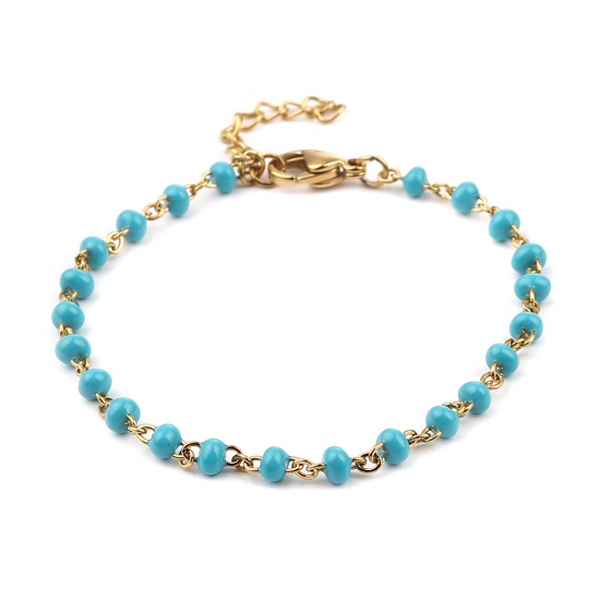 Picture of 304 Stainless Steel Stylish Bracelets Gold Plated Blue Enamel 17cm(6 6/8") long, 1 Piece