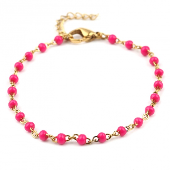 Picture of 304 Stainless Steel Stylish Bracelets Gold Plated Fuchsia Enamel 17cm(6 6/8") long, 1 Piece