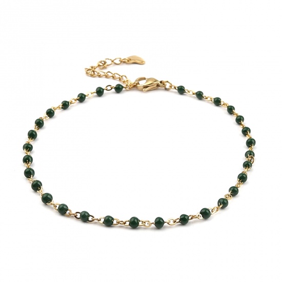 Picture of 304 Stainless Steel Stylish Link Cable Chain Anklet Gold Plated Dark Green Enamel 23cm(9") long, 1 Piece