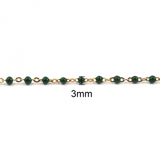 Picture of 304 Stainless Steel Stylish Link Cable Chain Anklet Gold Plated Dark Green Enamel 23cm(9") long, 1 Piece