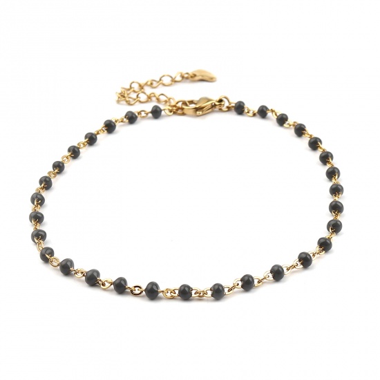 Picture of 304 Stainless Steel Stylish Link Cable Chain Anklet Gold Plated Gray Enamel 23cm(9") long, 1 Piece