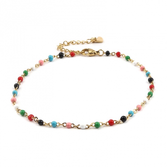 Picture of 304 Stainless Steel Stylish Link Cable Chain Anklet Gold Plated Multicolor Enamel 23cm(9") long, 1 Piece