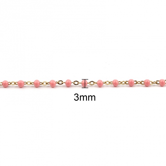 Picture of 304 Stainless Steel Stylish Link Cable Chain Anklet Gold Plated Peach Pink Enamel 23cm(9") long, 1 Piece